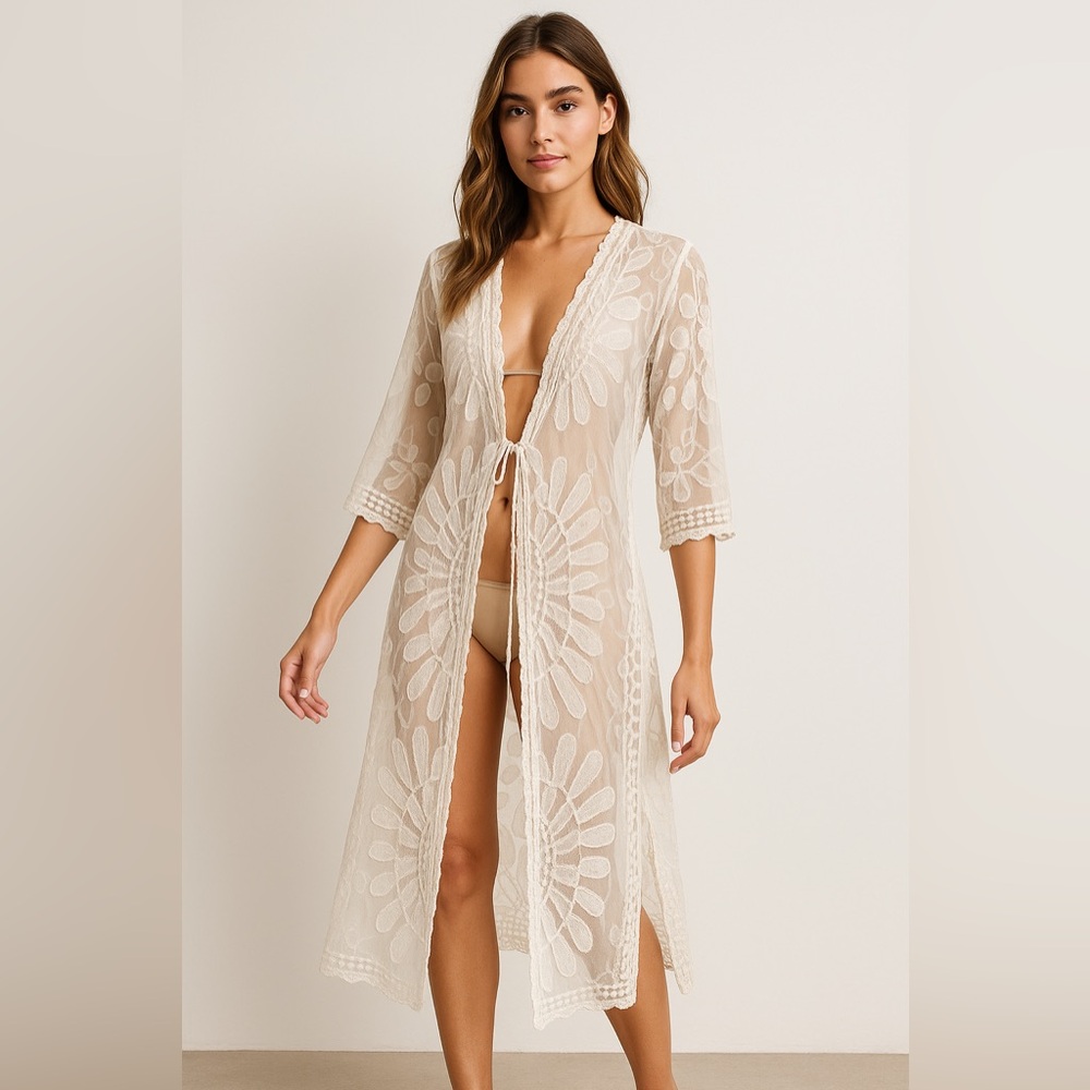 Highness White Lace Kimono Cover Up – One Size – Boho Sheer Embroidered Duster